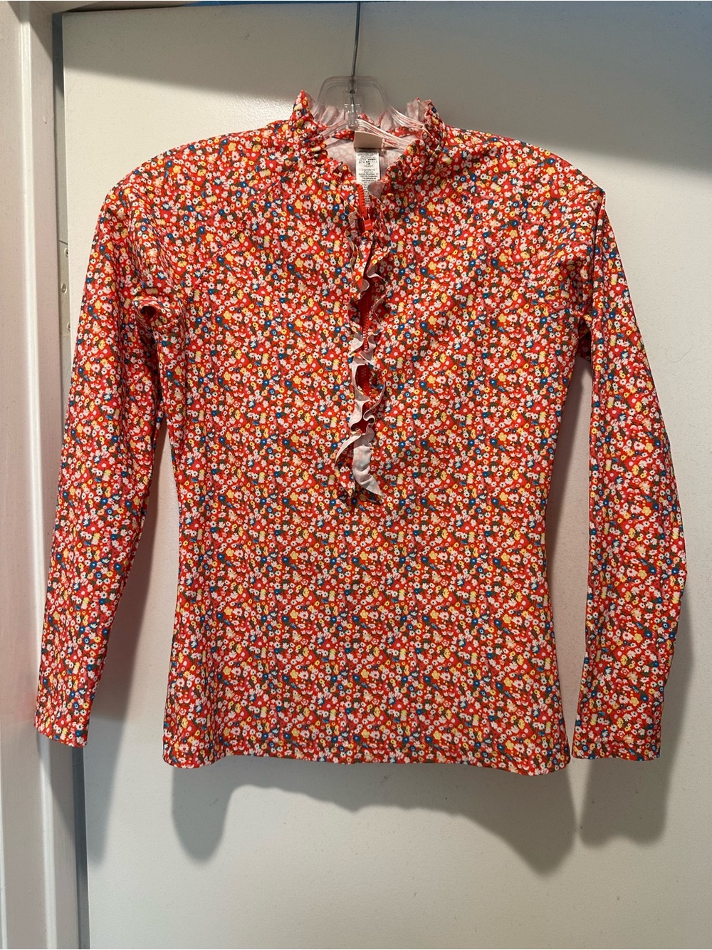 Tory Burch Red Floral Ruffle Placket Long-Sleeve Swim Top Size Small